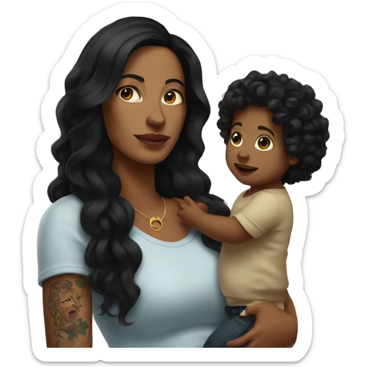 White mom with tattoos on arm with long black hair holding a baby boy with dark brown curly hair  sticker