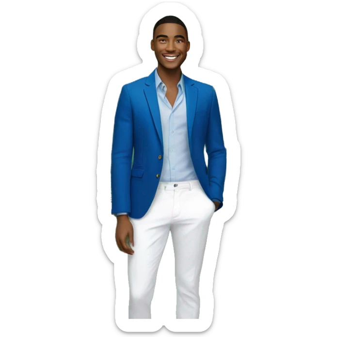 A portrait of a smiling young man wearing a blue blazer and white pants, standing in a lush, tropical garden setting with palm leaves and colorful foliage in the background. sticker