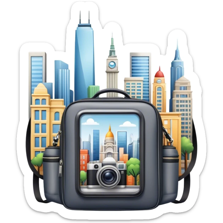 Icon for Urban Tourism: city skyline with iconic buildings, a camera and a backpack. The icon should represent the exploration of urban destinations, with elements like streets, landmarks, and vibrant city life. Transparent background. sticker