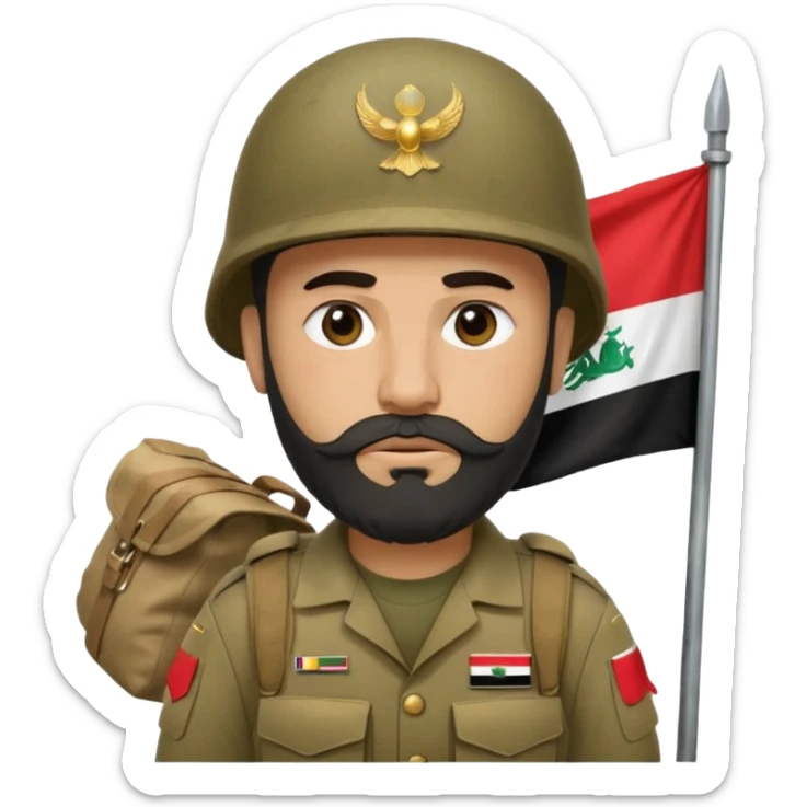 A tired, swarthy Iraqi soldier with a beard, an Iraqi flag on his helmet, a sad expression and bags under his eyes sticker