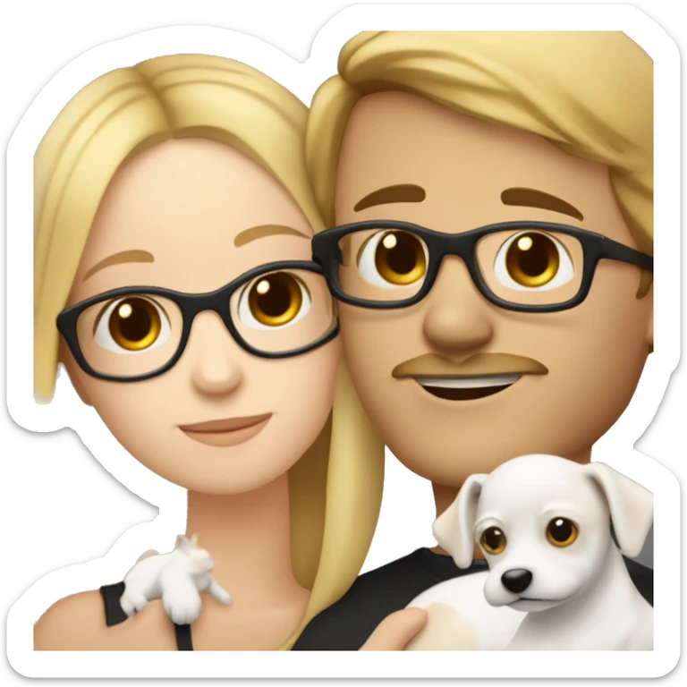  blonde girl without glasses and a white boy with glasses, a little Beard and moustache, both cuddling a jack Russell sticker