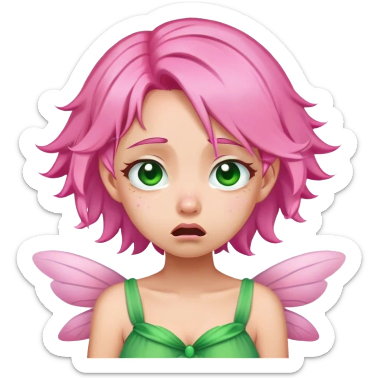 pink hair, pink wing fairy in green dress lud crying face sticker