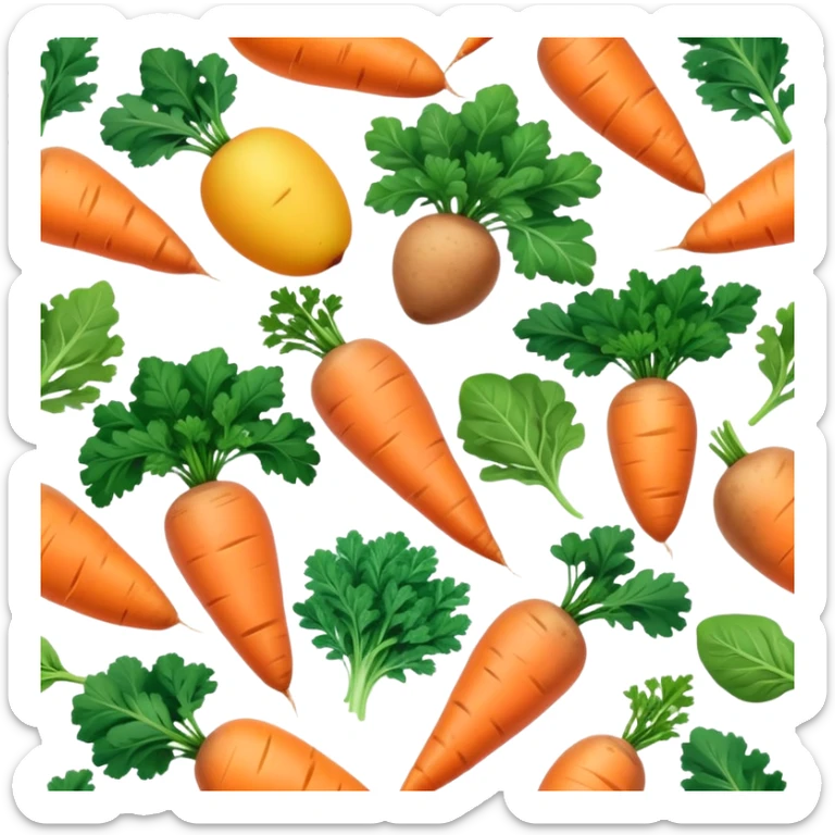 Plant sources of vitamin A (carotenoids): carrots, sweet potatoes, spinach, kale, mangoes, and apricots glowing with a soft orange-yellow light representing their provitamin A content that needs to be converted by the body. sticker