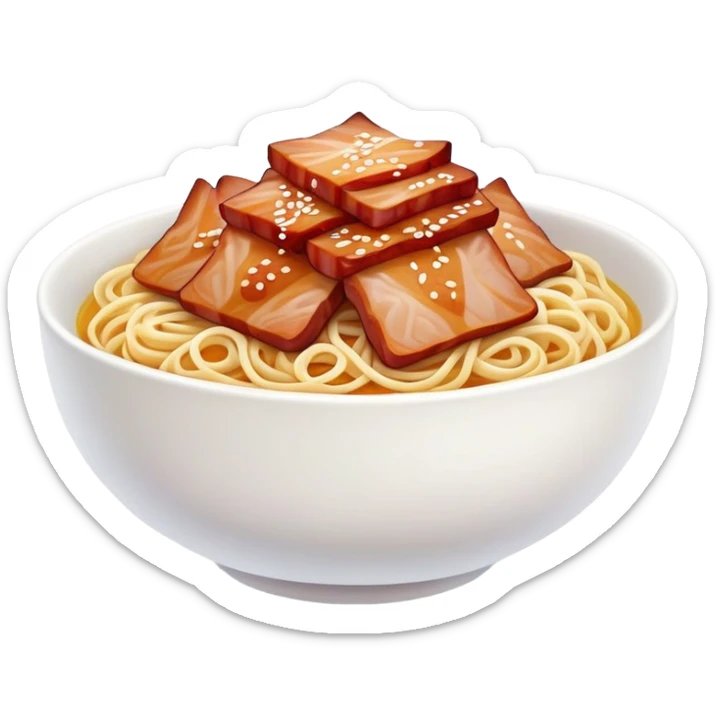 Cantonese Wonton Noodles with char siu pork, simplified emoji style with bold outlines and bright colors, cartoon style Hong Kong style thin egg noodles sticker