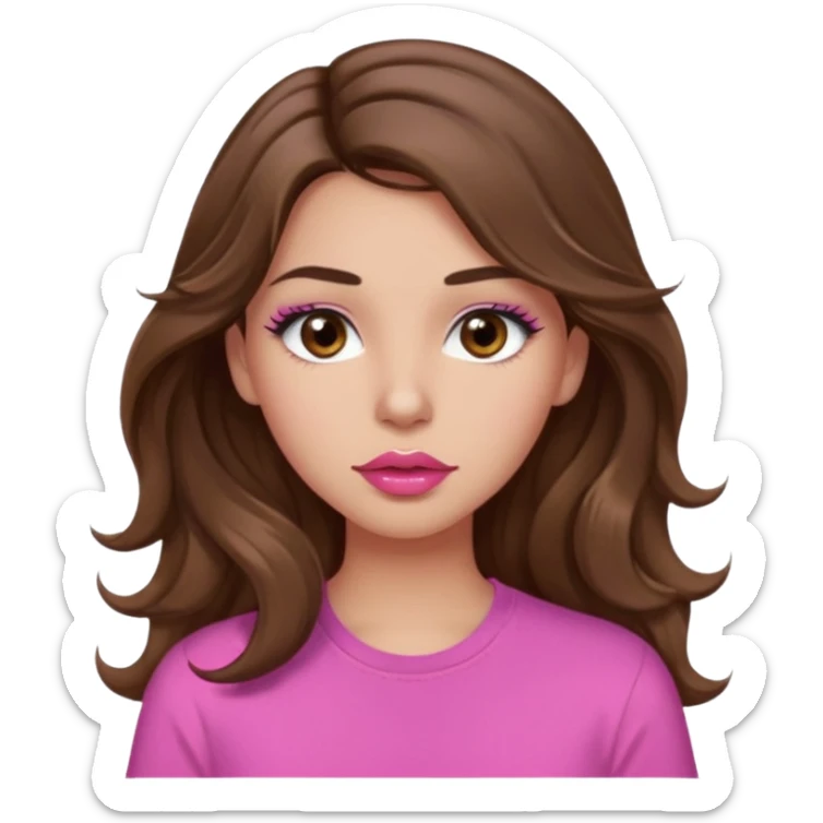 girl with long wavy brown hair, brown eyes, light to medium complexion, in a pink shirt, pink lips, long lashes, puckered lips, hallelujah sticker