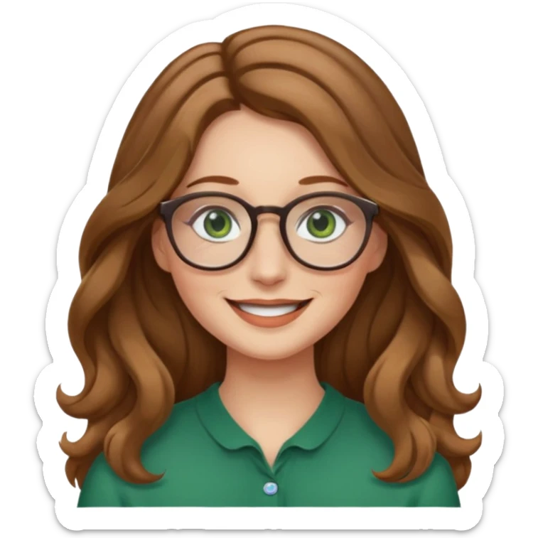 long wavy light brown hair woman with green eyes and glasses smiling closed mouth. middle part hair.  sticker