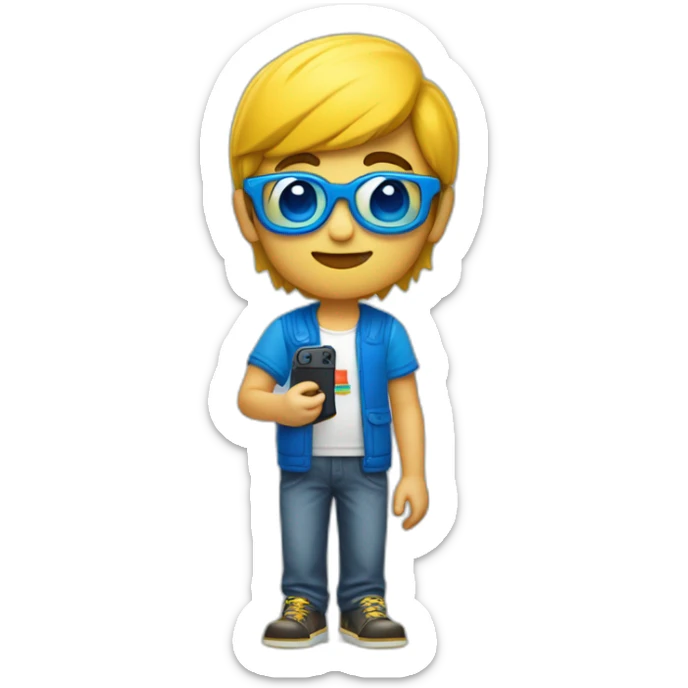 niño rubio amarillo con gafas azules y pelo tamaño medio, con una nintendo switch en sus manos sticker