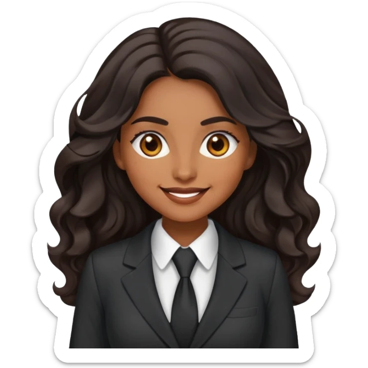 business woman with brown skin, brown eyes, long black wavy hair looking very happy, professional suit sticker