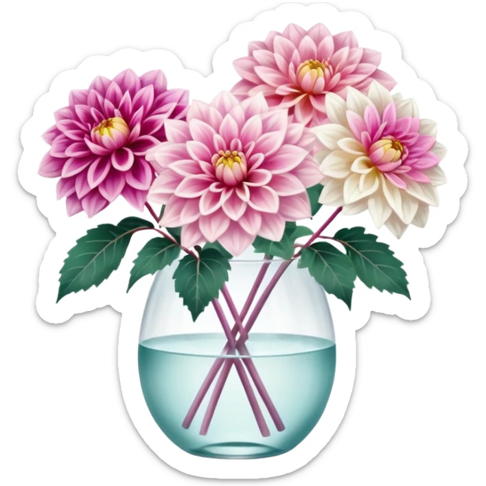 soft pastel realistic dahlia flowers in a clear vase with clear water sticker