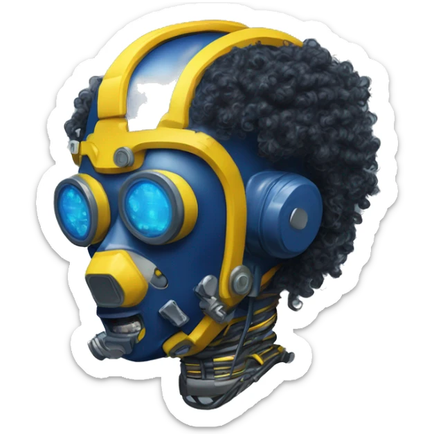 Dark Blue curly hair cyborg head with yellow respirator mask and circuitry sticker