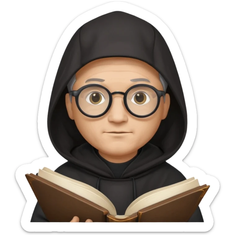 Monk priest prayer black habit with hood round black glasses done light brown wavy hair under hood remove the medallion smaller more round glassed age 46 no necklace more oval face hand holding book that says RB 480 top left is great add a little hair brown gray under hood  sticker