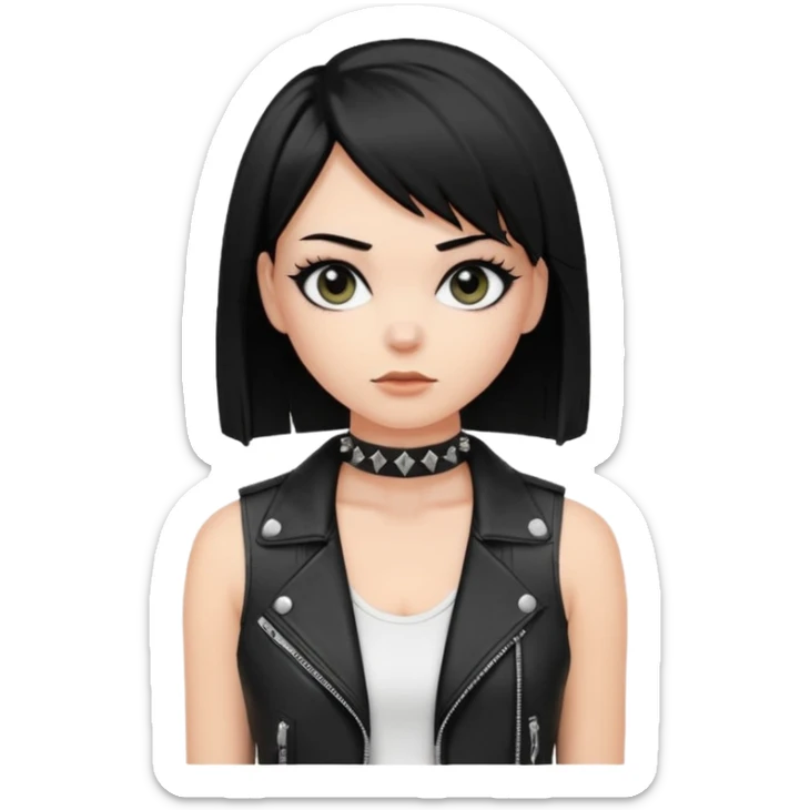 A white girl with Black eyes and black straight hair with a bob with a black spiked chocker with white tank top with a leather jacket on sticker