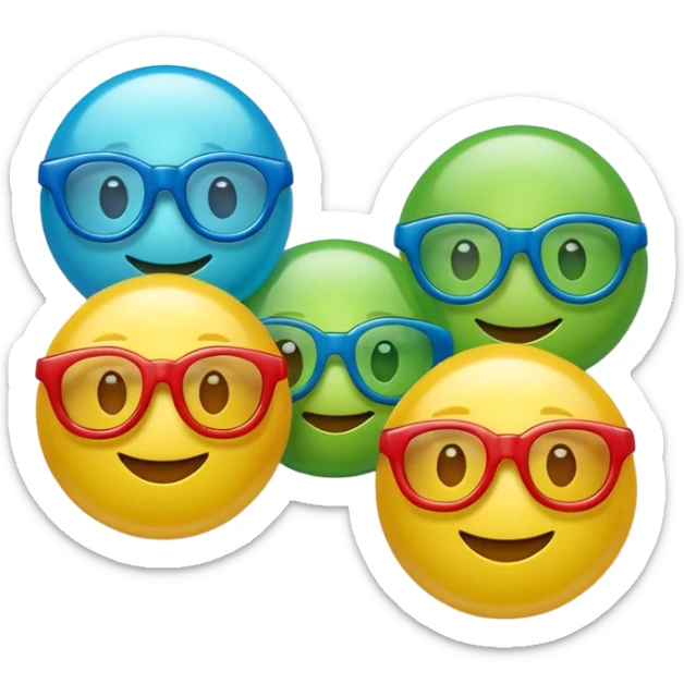 Cute 3D cartoon emoji sticker of a plastic glasses and ball game with three glossy 3 plastic glasses (blue, green, red) and a yellow ball, soft lighting, smooth shadows, playful, white sticker outline, transparent background, high resolution. sticker
