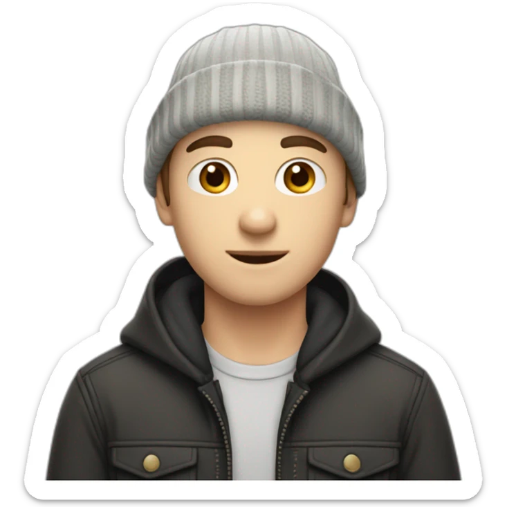 a 28 years old caucasian boy with a black beanie and a canadian shirt sticker