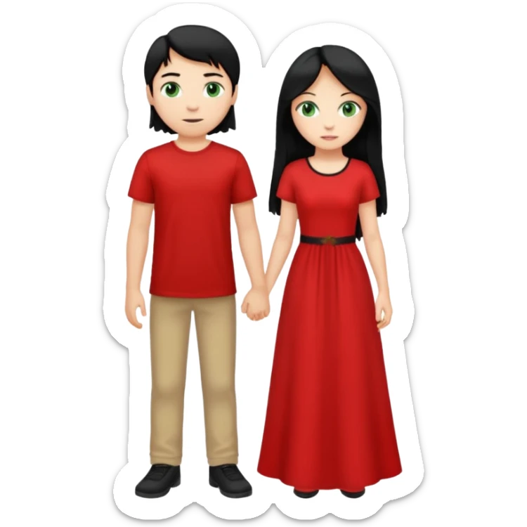 full-length couple, girl with long black hair and green eyes in red dress, boy with blonde hair in white t-shirt sticker