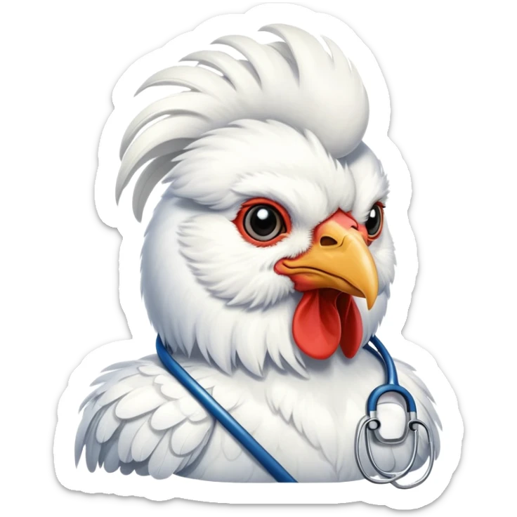 A White Silkie Bantam rooster wearing a doctor's stethoscope. The head feathers look like a large fluffy wig. sticker
