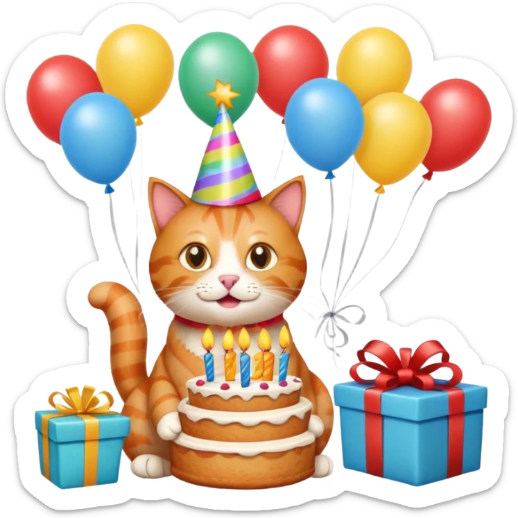 Ginger cat celebrates birthday, birthday hat, birthday cake, balloons, happy, gifts sticker
