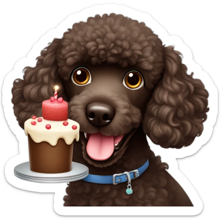 dark brown poodle dog with a tongue slightly sticking out . He has a birthday cake sticker