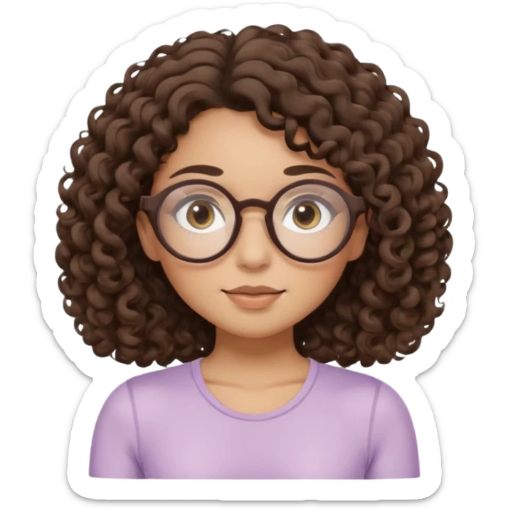 Memoji-style illustrated girl with dark brown curly hair, round glasses, large brown eyes, soft rounded face, warm beige skin tone, wearing neutral Pilates activewear, calm wellness aesthetic, pastel colors, sticker-style digital illustration, smooth shading, white outline. sticker