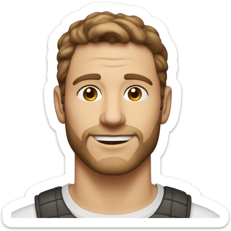 A head and shoulders shot of a 34 year old white man, with short brown hair, with stubble facial hair,   with brown eyes wearing a t-shirt. sticker