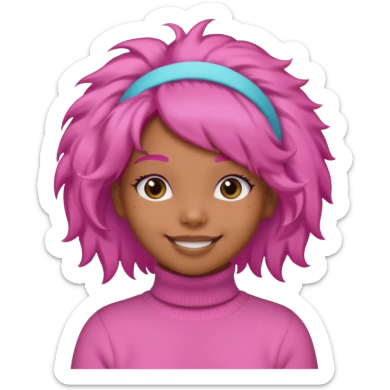 brown fluffy haired girl with pink turtleneck sweater and pink hair band sticker