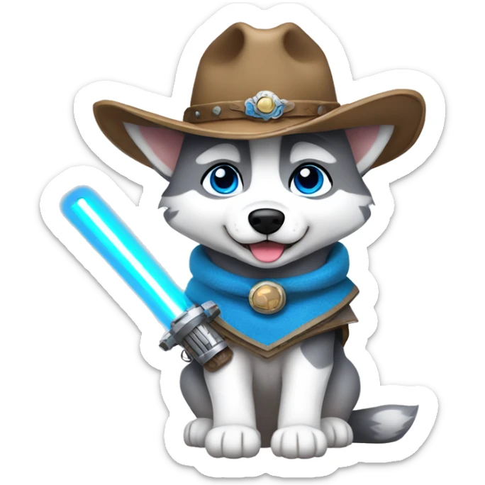 Gray Siberian Husky with blue eyes puppy wearing a cowboy hat dressed in Jedi clothing holding a lightsaber  sticker