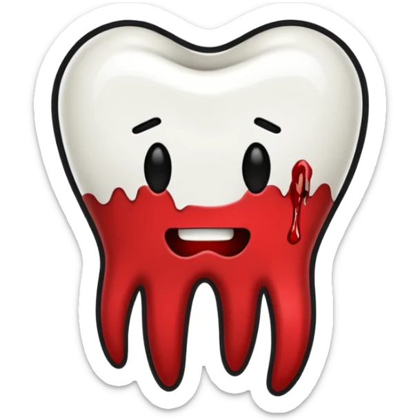 Minimalist emoji-style sticker of a pulled tooth with roots and a smear of blood at the base. Black and desaturated red colors. Flat, clean outline on white.
 sticker