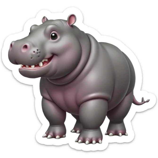 cinematic-hippo-realistic-full-body-side-view-standing-on-all-fours-emoji,-massive-round-frame,-wide-mouthed-grin-exposing-huge-teeth,-head-tilted-dramatically,-thick-grey-hide-glossy sticker