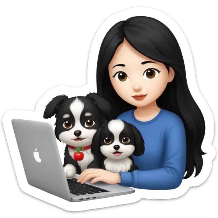 Asian girl with long black hair working on an Apple laptop, next to her is a small black and white dog sticker