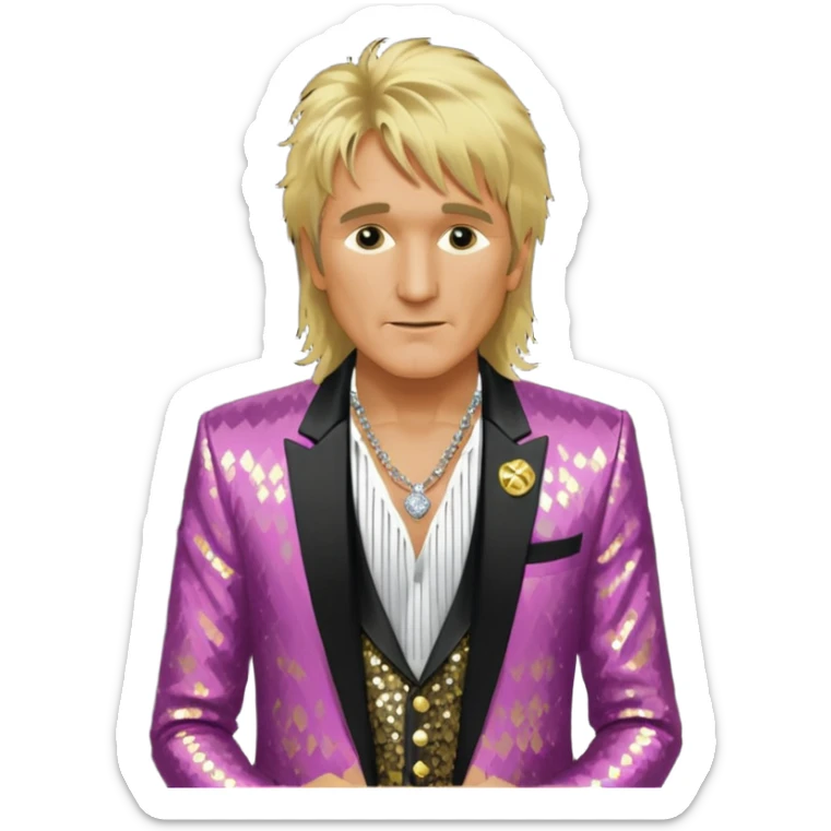 Rod Stewart with long blonde hair, gold sequin suit jacket, shirtless with necklace sticker