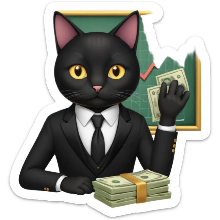 stock investing black and smart cat, with money and "stock charts" sticker