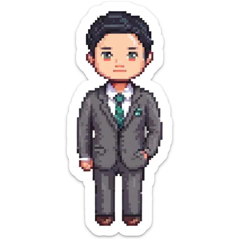 avatar image of a business man with black, very short hair cut, pixel art style sticker