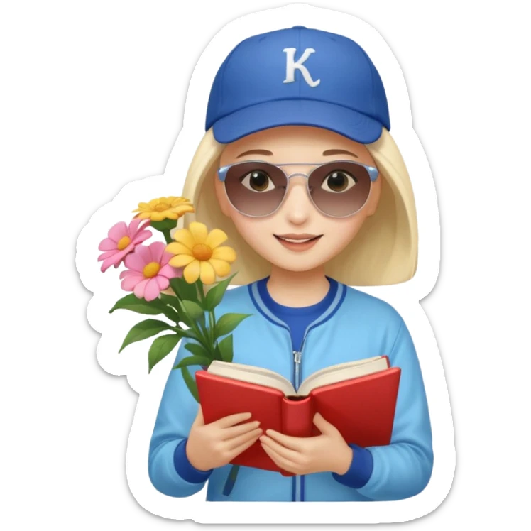 ["A happy girl with light skin, bald, wearing a baseball cap and sunglasses, dressed in K-pop fashion, is reading a book while holding a flower bouquet."] sticker