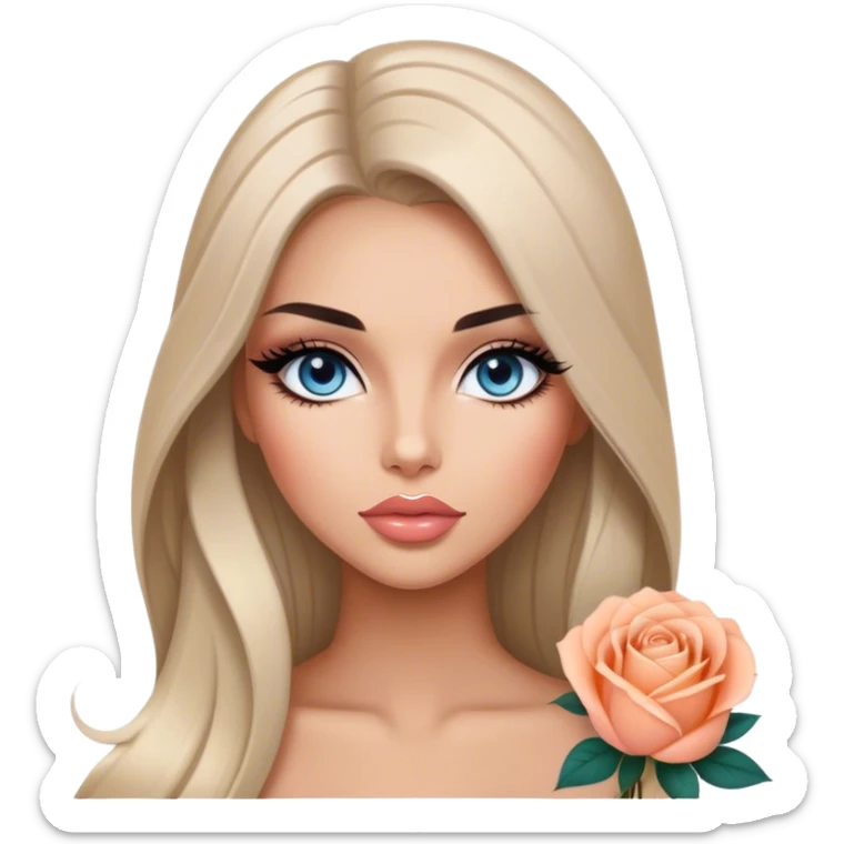 Glamours, tanned, very beautiful girl, with big pump peach-beige-rose lips, long long lashes, black straight smooth silky long hair, straight parting hair, blue-grey eyes sticker