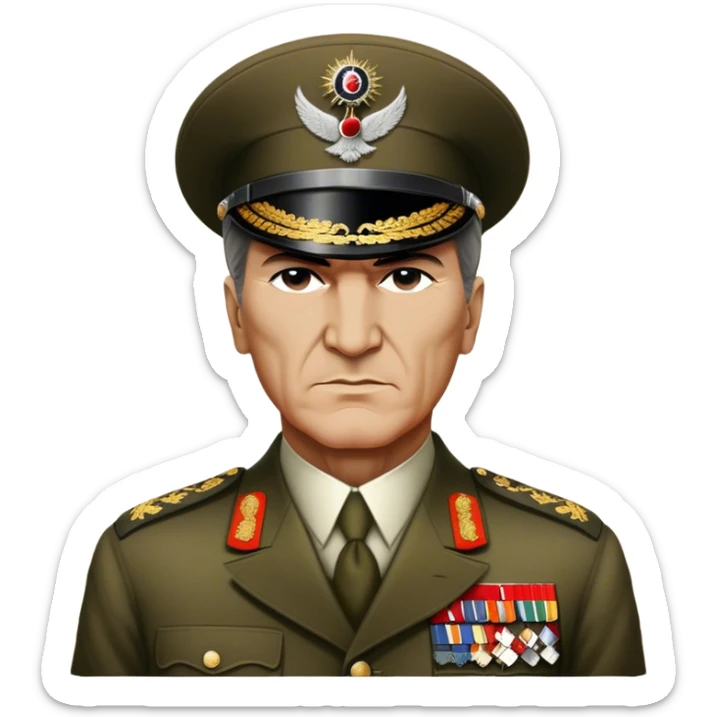 Cinematic Realistic Mustafa Kemal Atatürk Portrait Emoji, depicted as a visionary statesman with a determined gaze and period military attire, rendered with rich textures and dynamic historical lighting that captures his transformative leadership. sticker