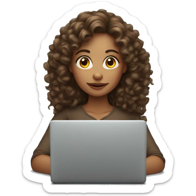 The woman with fair skin, curly long brown hair sit with laptop apple sticker
