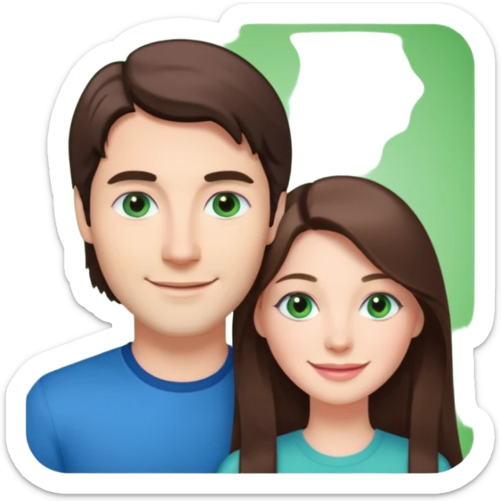 “A pink Polaroid-style photo of a couple: a white woman with long brunette hair and blue eyes, and a white man with short brunette hair and green eyes.” sticker