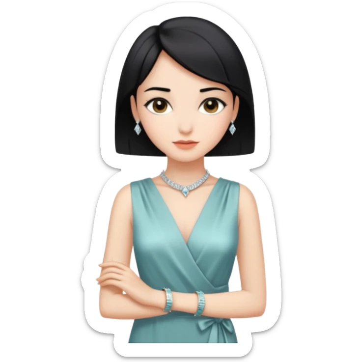 emoji of a young elegant lady, short straight black hair, wearing a silk wrap dress and diamond bracelet, gentle expression sticker