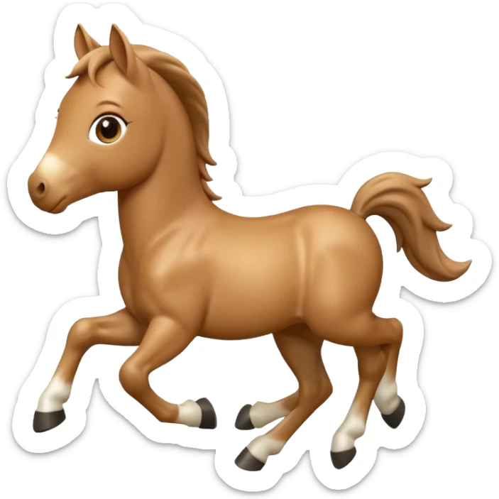3D Apple-style emoji of a running foal. Small young horse with light brown body, short mane, big eyes, rounded and glossy, smooth shading, white background.

 sticker
