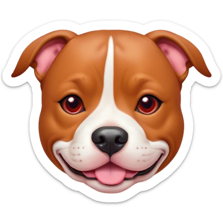 Cinematic Cute Red/Fawn Staffordshire Bull Terrier Portrait Emoji, Head tilted playfully and inquisitively, featuring a glossy red/fawn Fur with a vibrant sheen and delicate white accents, round, sparkling dark eyes filled with curiosity, Simplified yet irresistibly adorable features, highly detailed, glowing with a warm, friendly glow, high shine, affectionate and spirited, stylized with a touch of whimsy, bright and endearing, soft glowing outline, capturing the essence of a mischievous yet loving pup, so playful it feels like it could bound out of the screen and into your arms! sticker