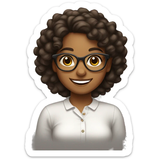 Brown girl, with dark curly hair, wearing glasses and has a big smile, she looks very happy, she has a white shirt on sticker