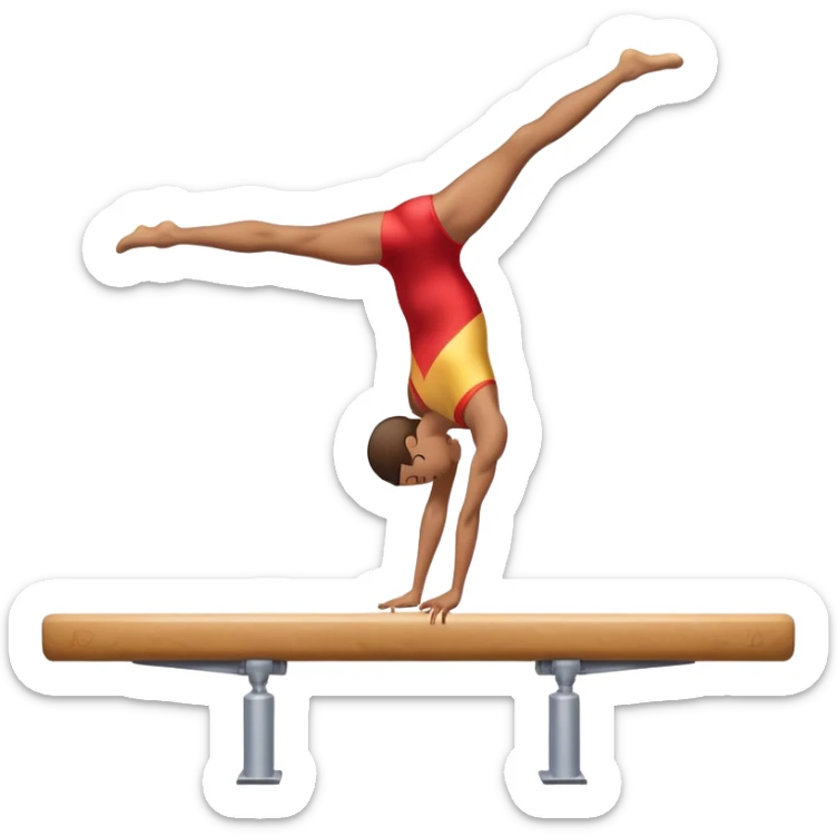 An artistic emoji of a professional sports acrobat performing a stunning balance pose on a narrow beam. The acrobat showcases perfect control, flexibility, and strength, executing an elegant handstand. The background features a bright gymnastics arena with spotlights. sticker