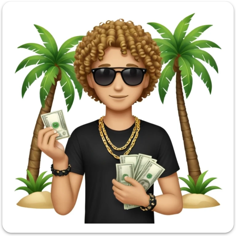 Happy mixed-race person with curly hair, black t-shirt, chain necklace, sunglasses, holding cash in both hands, palm tree beach background sticker