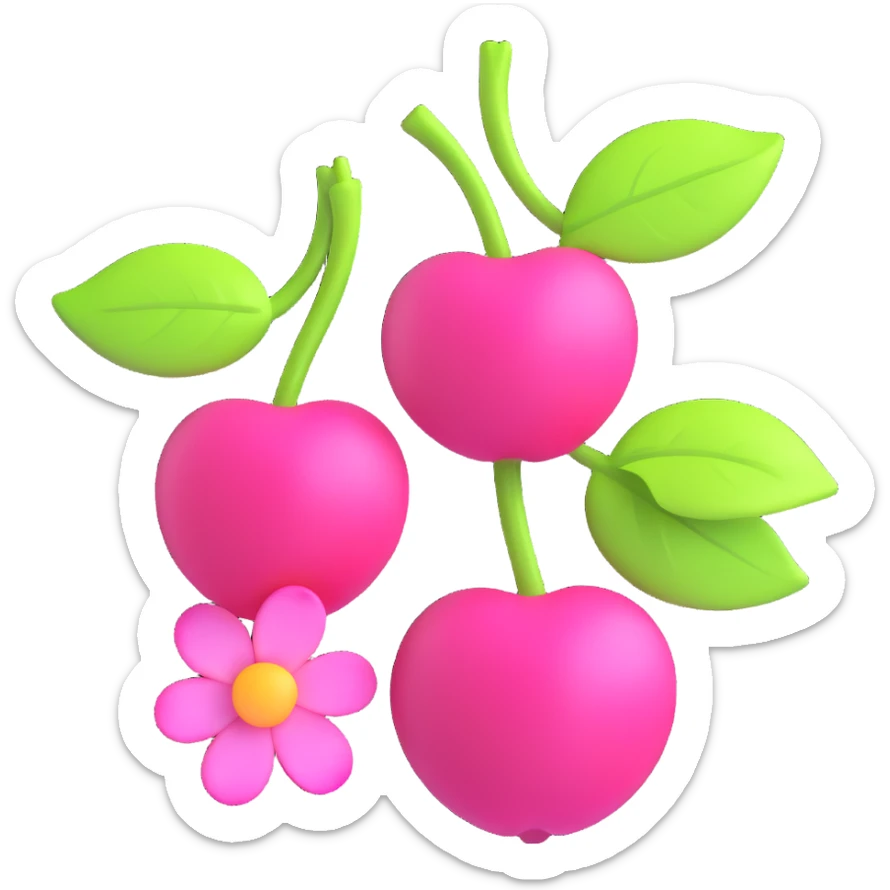 3D iOS-style illustration of two bright pink cherries with green leaves and pink flowers, vibrant neon colors, no background. sticker