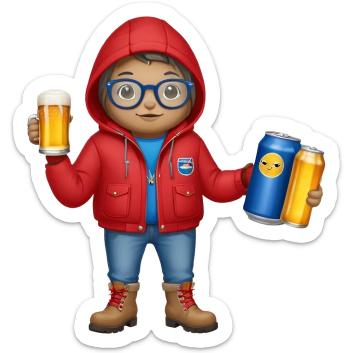 Catfish in a red winter jacket with hood, wearing round glasses, blue jeans, red boots, holding a beer can with a red label sticker