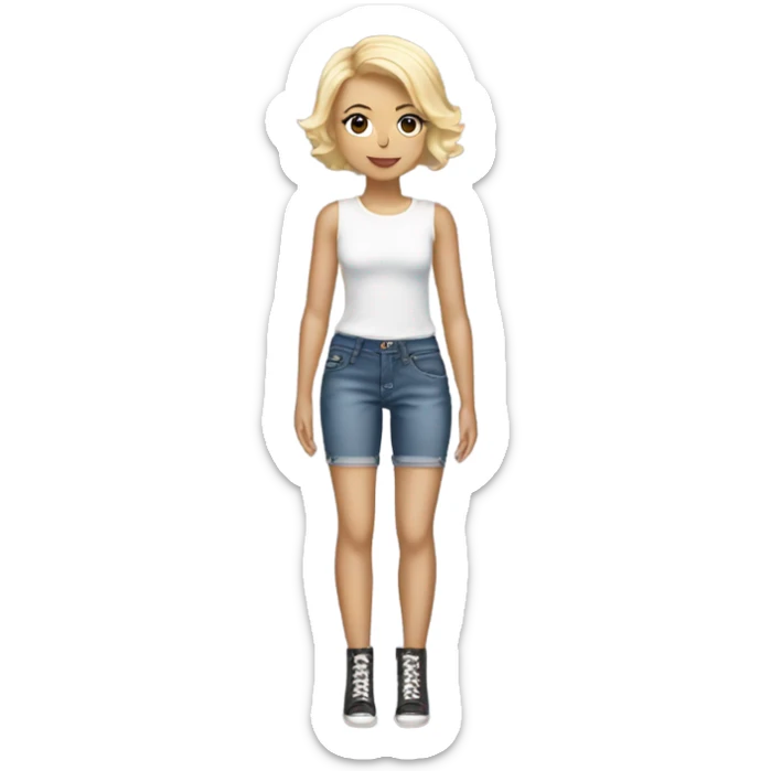 A blonde girl with short hair wearing a Shakira lace up croc top and short jeans and high heels  sticker