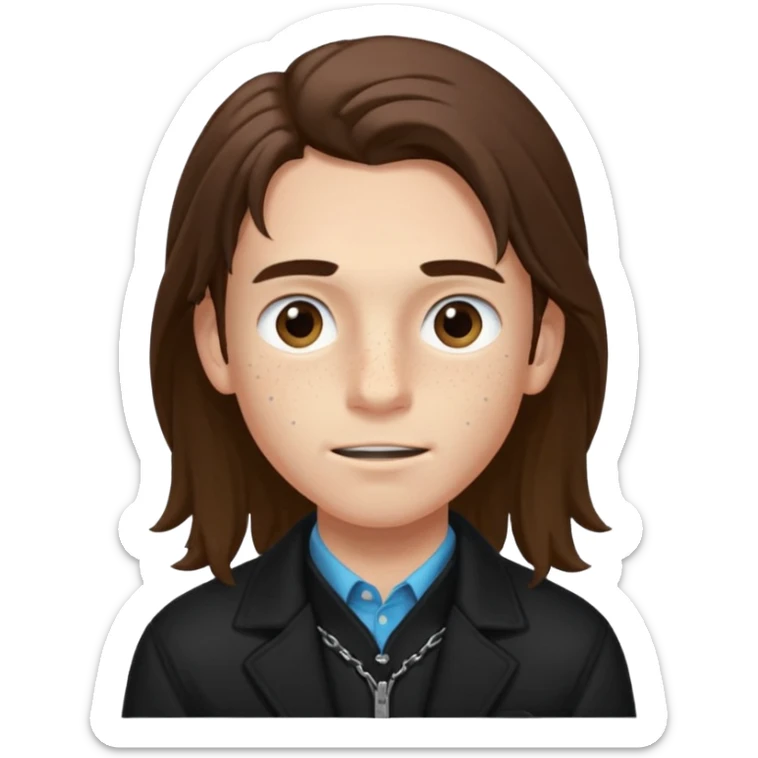 Un chico con pelo largo, que le llegue hasta las cejas, tiene pecas, brackets, ojos cafés oscuros y con una chaqueta negra sticker