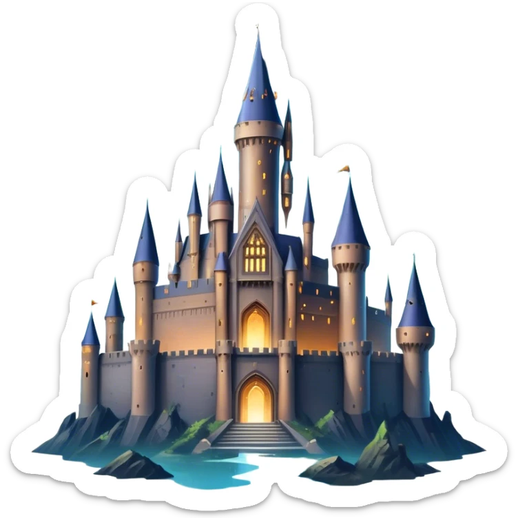 Icon for Fantasy and Sci-Fi Movies: A magical collage with flying dragons. futuristic spaceships and UFOs. Stars and planets shimmer in the background with a mystical castle Hogvards an ancient wizard and robots. The atmosphere is epic, otherworldly and adventurous. Transparent background. sticker