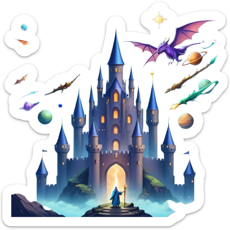 Icon for Fantasy and Sci-Fi Movies: A magical collage with flying dragons and futuristic spaceships. Stars and planets shimmer in the background with a mystical castle and an ancient wizard holding a staff. The atmosphere is epic, otherworldly and adventurous. Transparent background. sticker