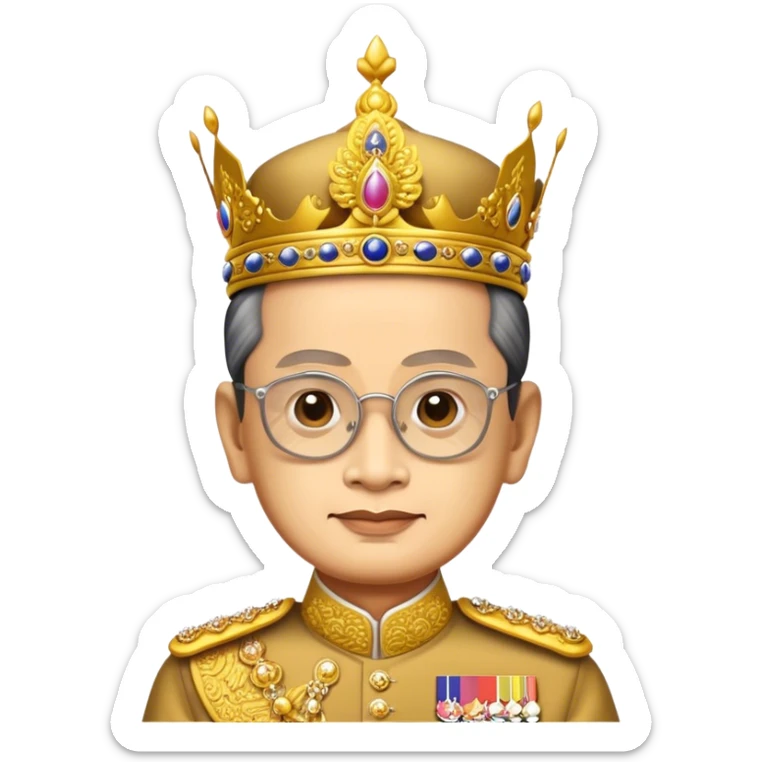 Cinematic Realistic King Bhumibol Adulyadej Portrait Emoji, depicted as a revered Thai monarch with a dignified expression and traditional royal attire, rendered with lifelike textures and soft regal lighting that captures his lasting legacy. sticker
